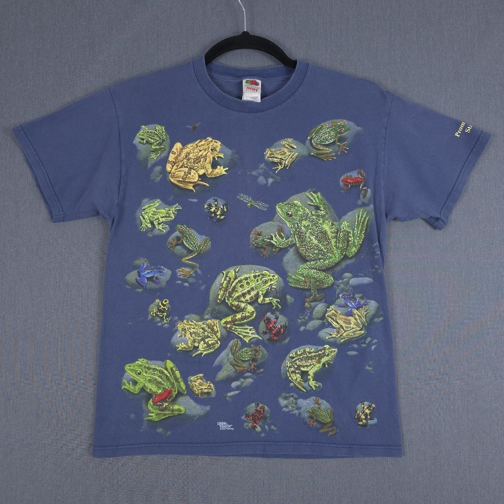 Vintage Look & Touch Shirt Size‎ Large Faded Blue Frogs AOP Short Sleeve Y2K
